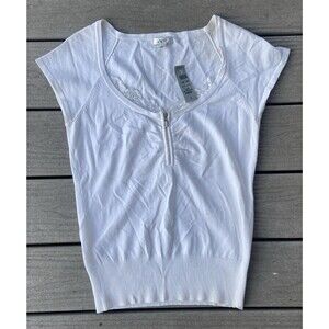 Y2K Cache White Zip Front Lace Trim Fitted Knit Top Rhinestone Zipper